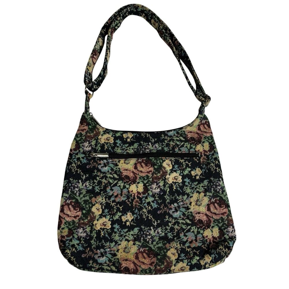 Vtg Gold Coast Floral Tapestry Hobo Crossbody Bag Adj Strap Zippered Cottage